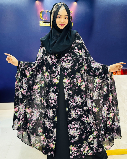 Pocket Sleeve Abaya-Black Leaf