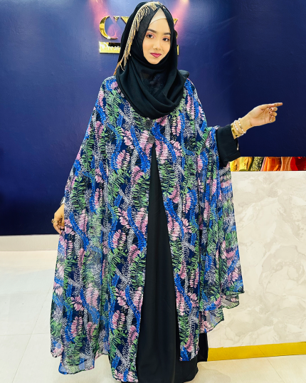 Pocket Sleeve Abaya-Leaf Print
